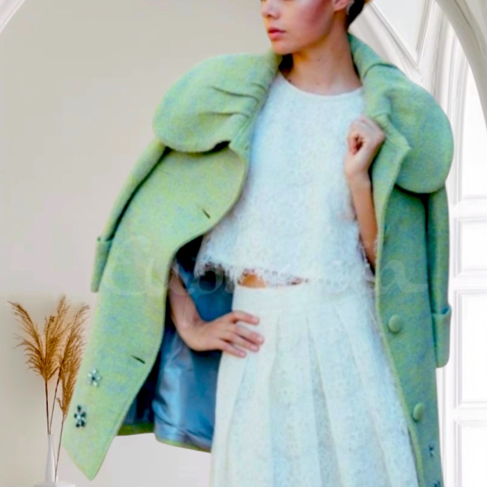 🆕 RYU - Handmade Rhinestone Embellished Pea Coat - Retro - Santa Barbara Green